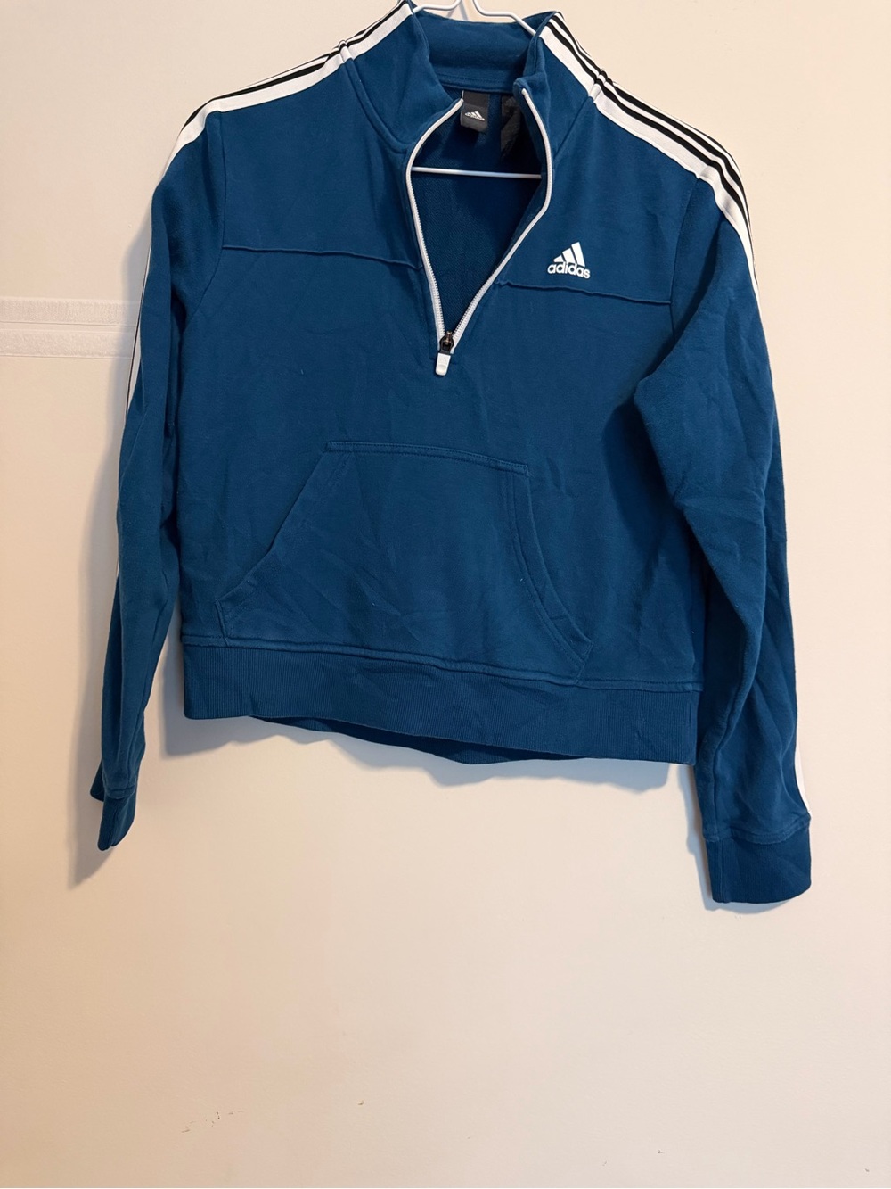 adidas Teal Blue Quarter-Zip Pullover with Shoulder Stripes